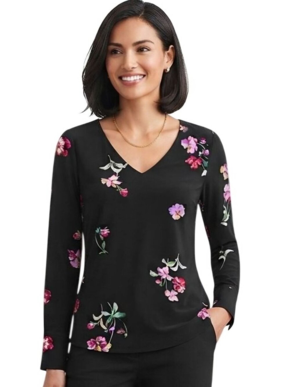 Ann Taylor Black Floral V Neck Long Sleeve Jersey Size M All Season Career